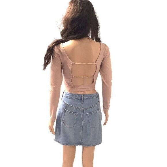 Y2K Long Sleeve Open Back Top with Gold Chain Detail Size XS Dusty Rose Sexy - Picture 4 of 8
